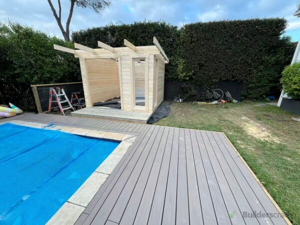 Completed decking with cabin construction