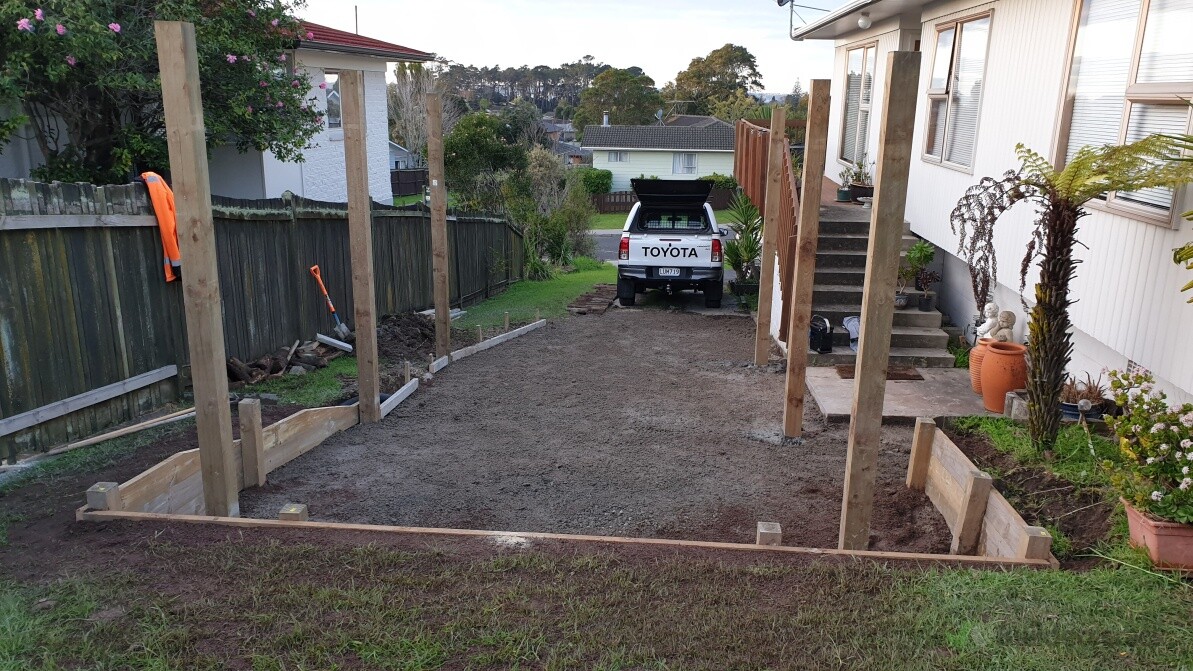 Small Retaining Wall - Carport Poles and Driveway