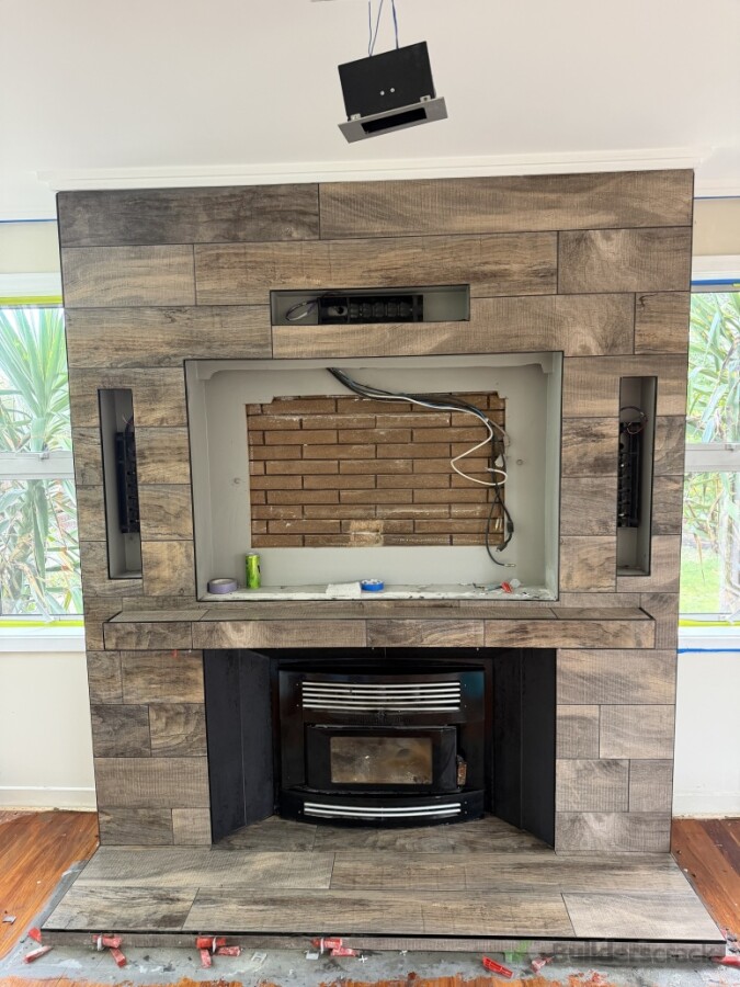 Plank tiles 1200mmx200mm Fireplace with tv built-in and speakers