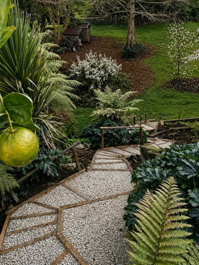 Garden landscaping in Hamilton & Waikato – landscaped garden pathway with decorative stone, timber edging and lush planting for a natural outdoor setting.