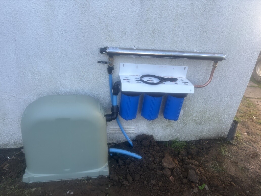 Pump with filters and UV light to kill the bacteria