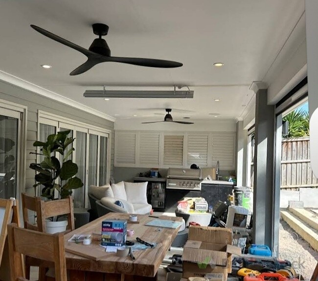 BBQ AREA @ RIVERHEAD CEILING FANS X 2 , UV WEATHER PROOF HEATER. SUPPL AND INSTALLED A 150MM DUCTED EXHAUSR FAN OVER BBQ
