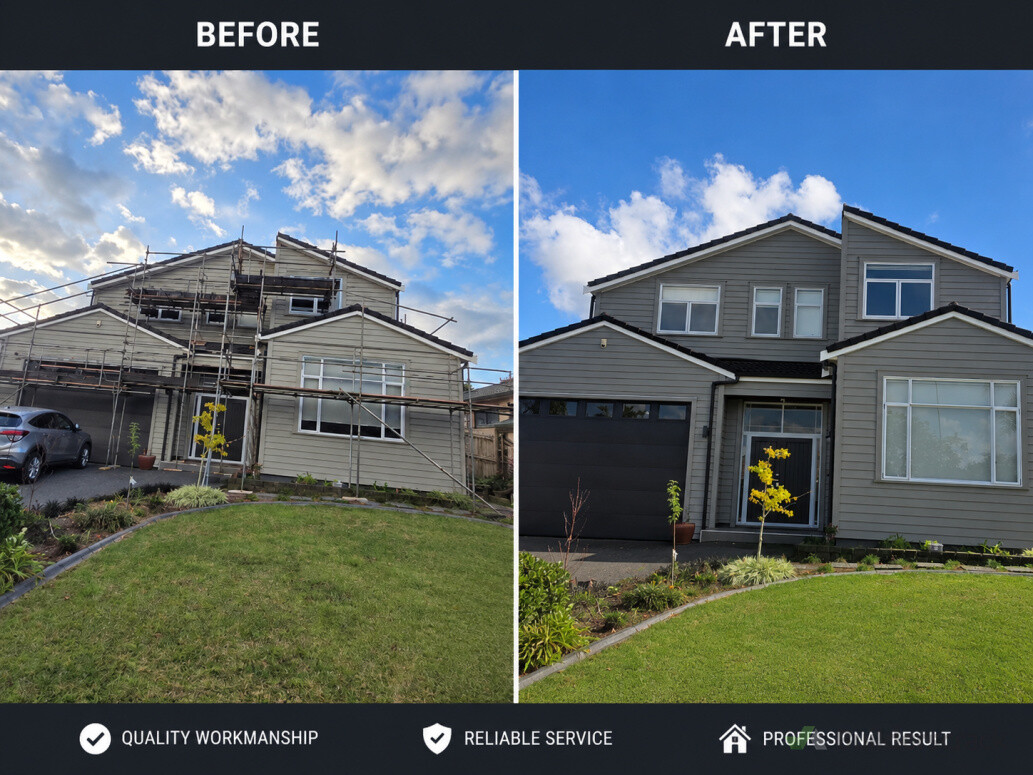 Exterior House Repainting – Before & After Complete exterior repainting project for a two-storey residential home. The work included surface preparation, exterior painting of weatherboards, trims, windows and other exterior areas.