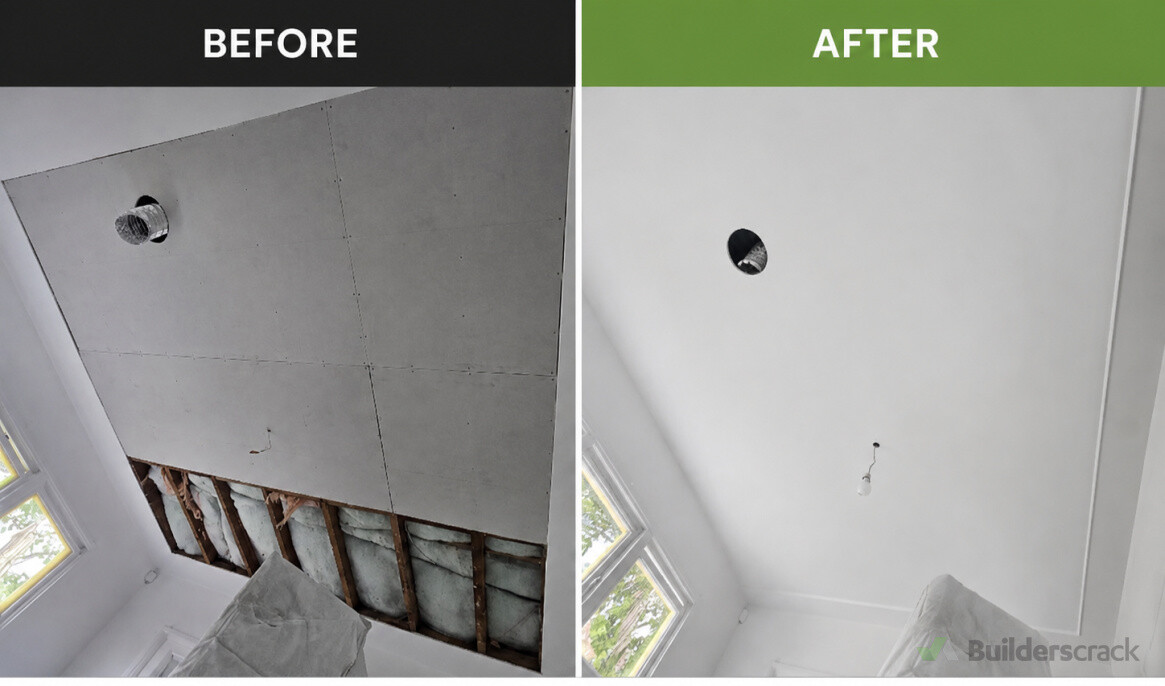 “Ceiling repair and plastering completed, including gib stopping, sanding and smooth painting for a clean, professional finish.”
