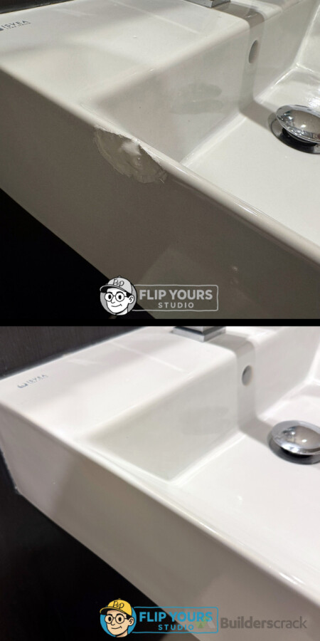 Basin chip repair with a smooth finish