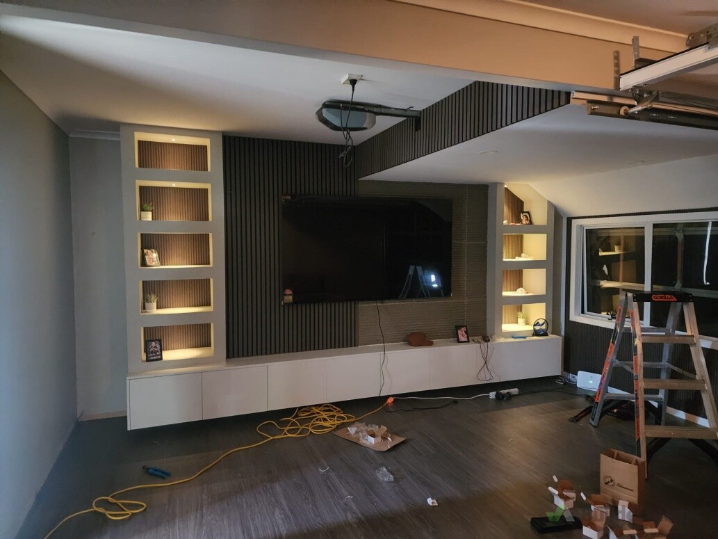 Mancave TV, cabinet lights, data, smart system
