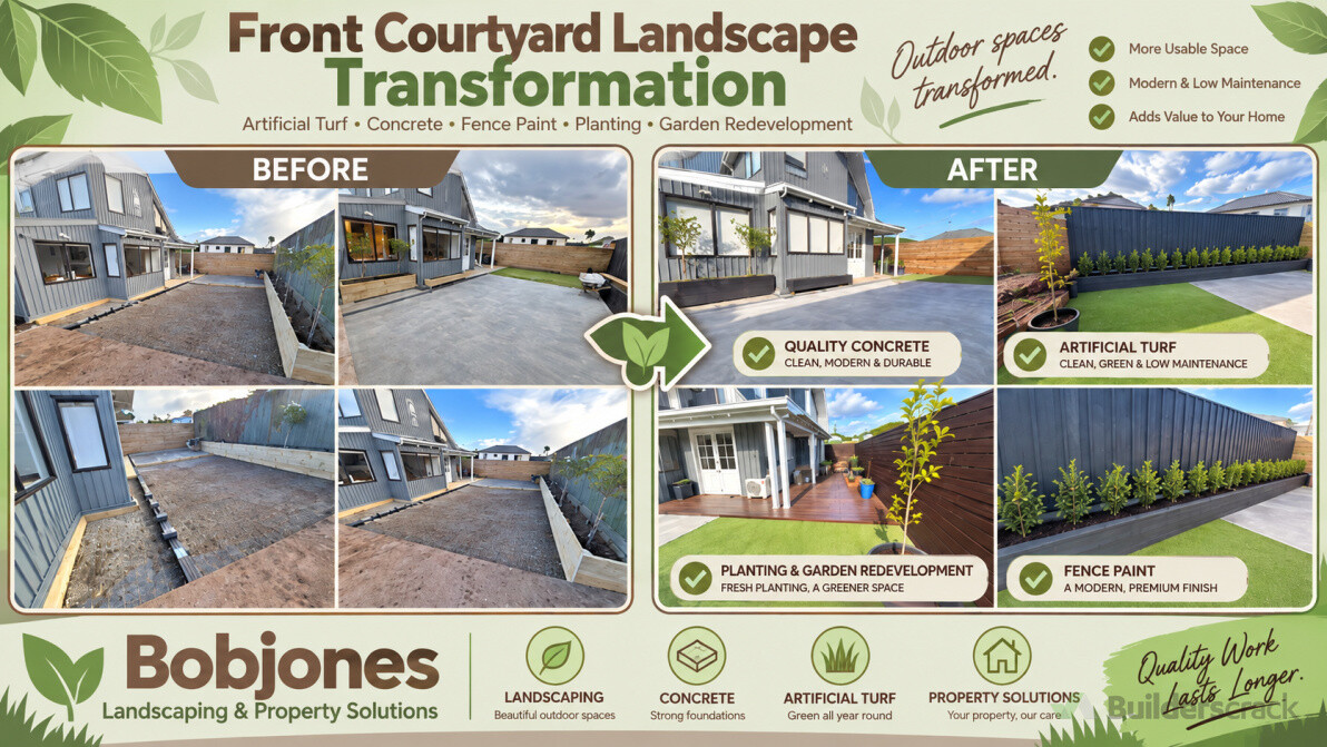 A complete front courtyard transformation by Bobjones Landscaping & Property Solutions — turning an unfinished space into a clean, modern and low-maintenance outdoor area.  This project included concrete works, artificial turf, fence painting, planting, a