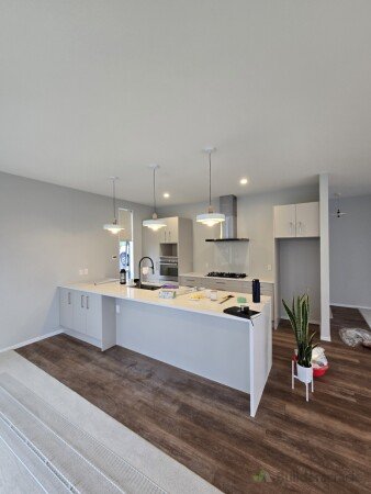 New stone benchtops with waterfall, new plumbing, new gas cook top + range hood, new flooring, new lighting