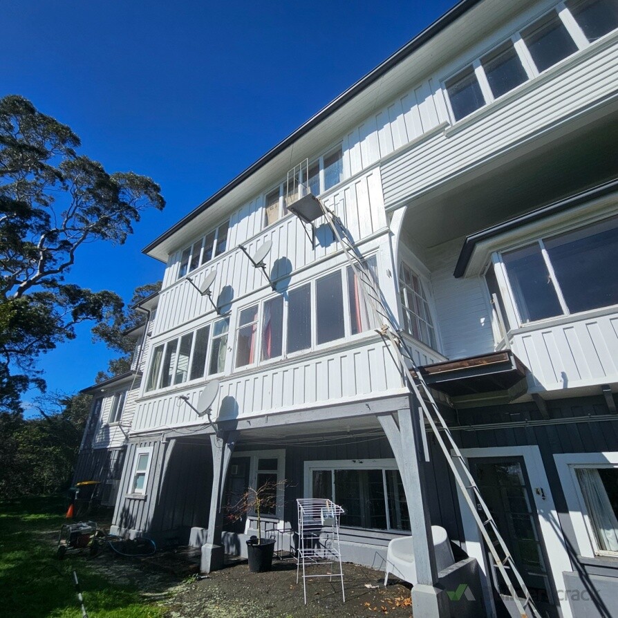 Completed exterior building wash, removing accumulated grime and organic growth with care around painted surfaces.