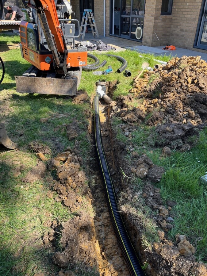 Drain coil laid and connected back to ses pit with correct fall ready drain out that excess water from this yard space