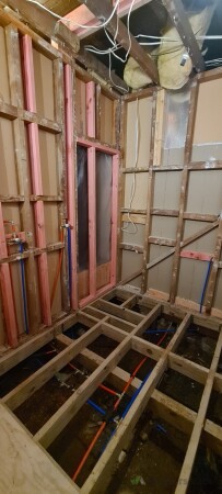 Hot and cold piping installed for the basin, shower and toilet