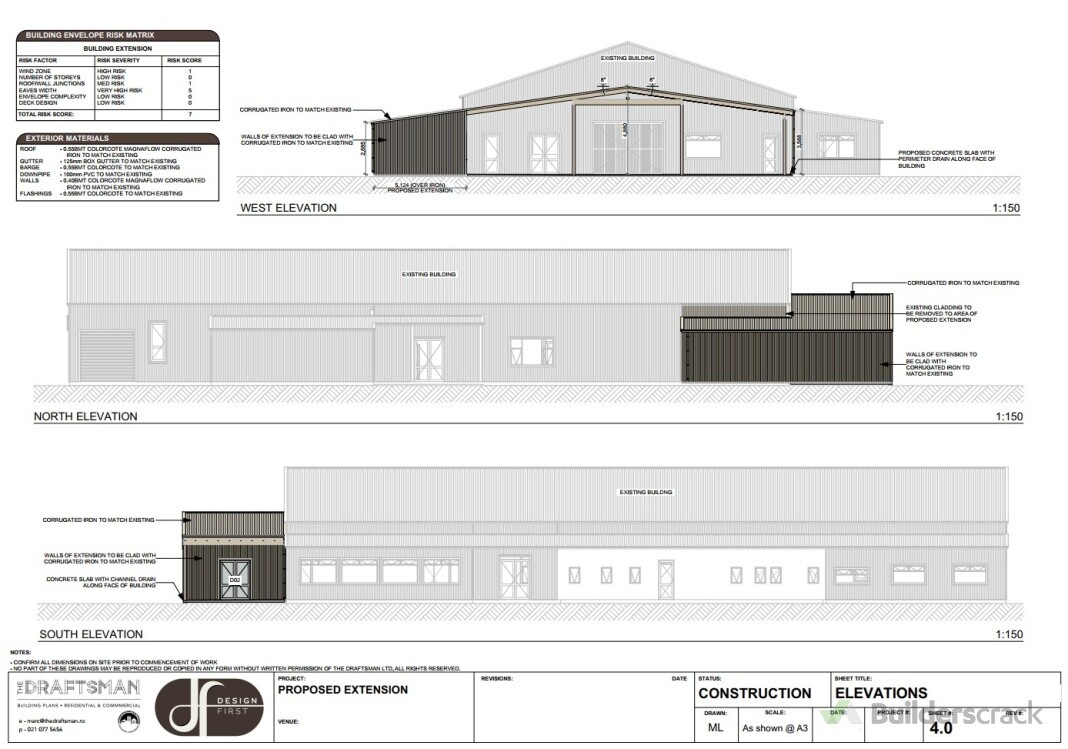 Elevations of an additional storage room and canopy onto existing commercial building