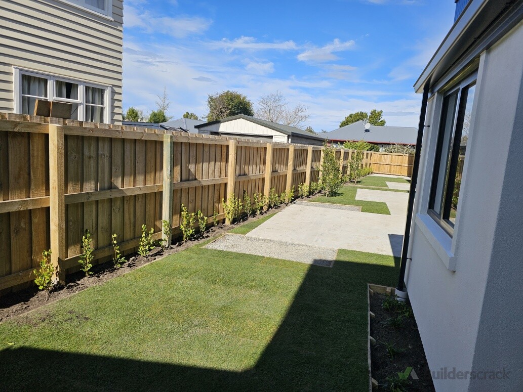 Finished project. Fencing, ready lawn,planting, concrete and shed bases.