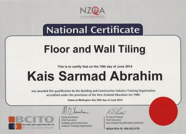 Certificate in floor and wall tiling rom BCITO.