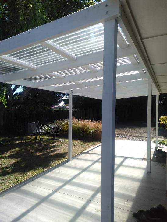 Dressed pine pergola, clearlite roofing with pvc gutter system