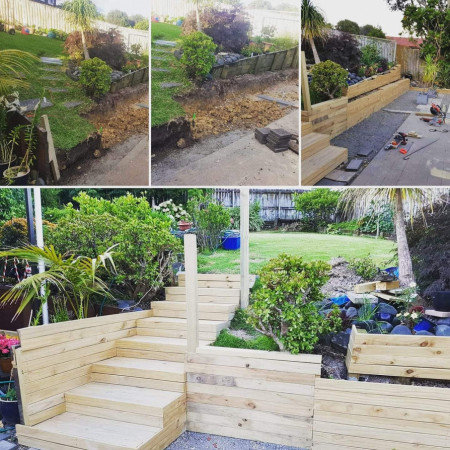 New built retaining wall and steps