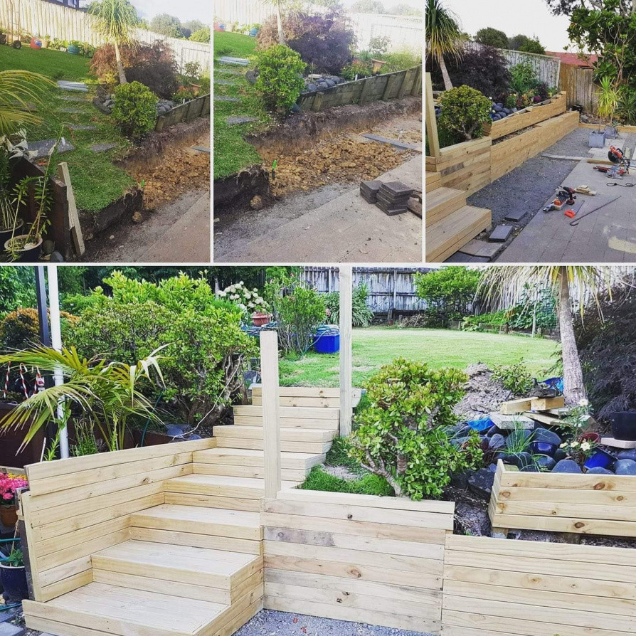 New built retaining wall and steps